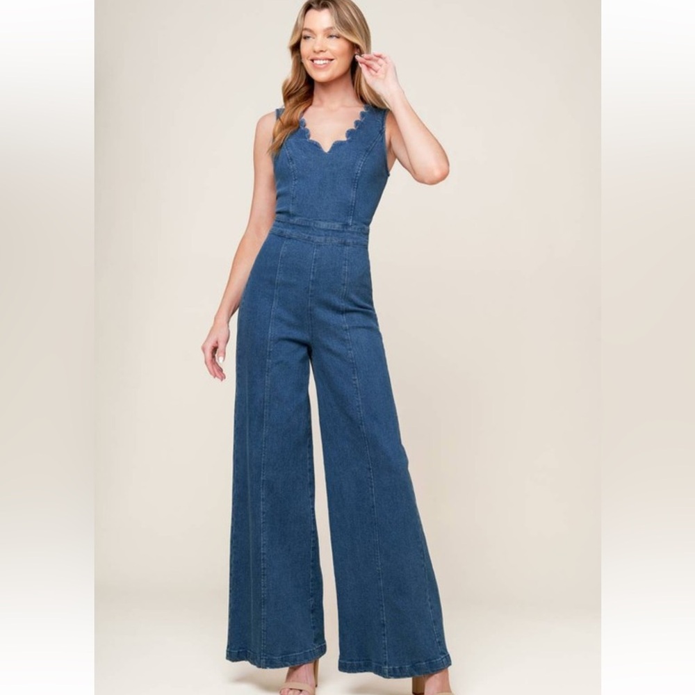 NWT! Luxury Blue Denim Jumpsuit Scalloped V Neckline Sleeveless Belt Wide Leg